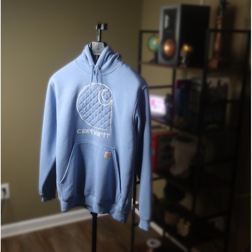 Carhartt Hoodie Mens M Blue Loose Fit Pullover Sweatshirt C Puff Logo - Picture 3 of 7